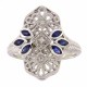 Art Deco Style Filigree Ring 3 Diamonds and 6 Blue Sapphires 14kt White Gold - FR-752-S-WG