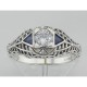 Art Deco Style Cubic Zirconia Filigree Ring w/ Sapphire - Sterling Silver - FR-754-CZ