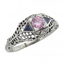 Art Deco Style Pink CZ Filigree Ring with Sapphire Accents Sterling Silver