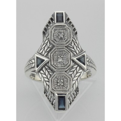 Art Deco Style Blue Sapphire Filigree Ring w/ 3 Diamonds - Sterling Silver - FR-756