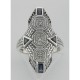 Art Deco Style Blue Sapphire Filigree Ring w/ 3 Diamonds - Sterling Silver - FR-756