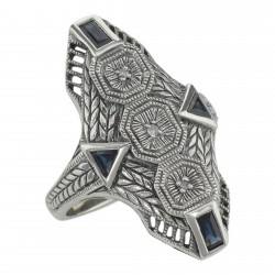 Art Deco Style Blue Sapphire Filigree Ring w/ 3 Diamonds - Sterling Silver