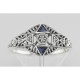 Art Deco Ring w/ 3 Diamonds Genuine Blue Sapphire - Sterling Silver - FR-757