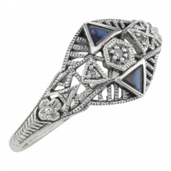 Art Deco Ring w/ 3 Diamonds Genuine Blue Sapphire - Sterling Silver