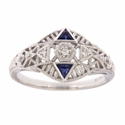 Art Deco Style Filigree Ring Diamonds and Blue Sapphires 14kt White Gold - FR-757-S-WG