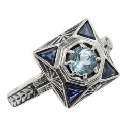 Art Deco Style Blue Topaz Filigree Ring w/ Sapphire - Sterling Silver