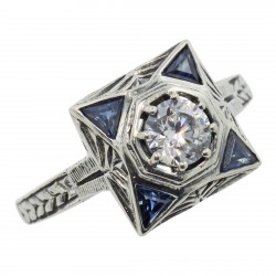 Art Deco Style White Topaz Filigree Ring w/ Blue Sapphires Sterling Silver