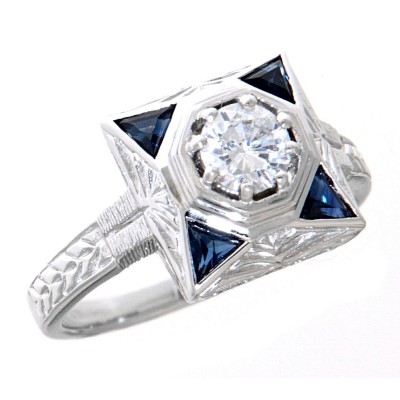 Art Deco Style CZ Filigree Ring w/ Genuine Blue Sapphires 14kt White Gold - FR-759-CZ-WG