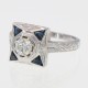 Vintage inspired Art Deco Style Natural Diamond Filigree Ring Genuine Blue Sapphires 14kt White Gold - FR-759-D-WG