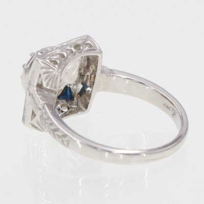Vintage inspired Art Deco Style Natural Diamond Filigree Ring Genuine Blue Sapphires 14kt White Gold - FR-759-D-WG