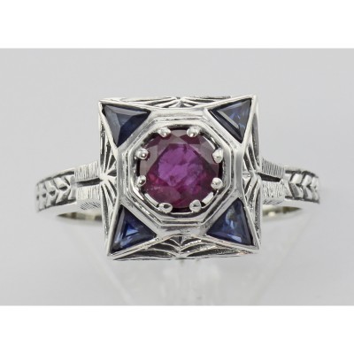 Art Deco Ruby Filigree Ring w/ Sapphire - Sterling Silver - FR-759-R