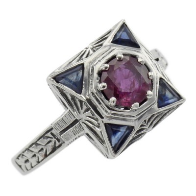 Art Deco Ruby Filigree Ring w/ Sapphire - Sterling Silver - FR-759-R