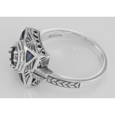 Art Deco Style Semi-Mount Filigree Ring w/ Blue Sapphires - Sterling Silver - FR-759-SEMI