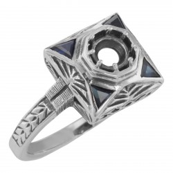 Art Deco Semi Mount 5mm Filigree Ring w/ Blue Sapphires - Sterling Silver