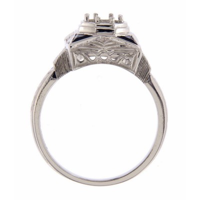 Art Deco Style Semi-Mount Filigree Ring w/ Blue Sapphires - 14kt White Gold - FR-759-SEMI-WG