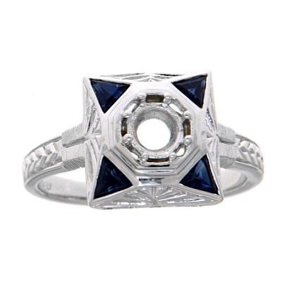 Art Deco Style Semi-Mount Filigree Ring w/ Blue Sapphires - 14kt White Gold - FR-759-SEMI-WG