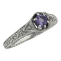 Victorian Style Amethyst Filigree Ring w/ 2 Diamonds - Sterling Silver