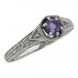 Victorian Style Amethyst Filigree Ring w/ 2 Diamonds - Sterling Silver