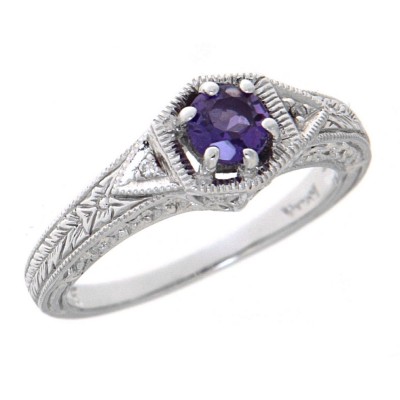 14kt White Gold Victorian Style Amethyst Filigree Ring w/ 2 Diamond Accents - FR-761-AM-WG