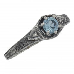 Victorian Style Blue Topaz Filigree Ring w/ 2 Diamonds - Sterling Silver