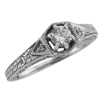 Victorian Style Cubic Zirconia Filigree Ring w/ 2 Diamonds - Sterling Silver - FR-761-CZ