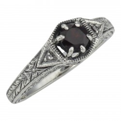Antique Style Red Garnet Filigree Ring w/ 2 Diamonds - Sterling Silver