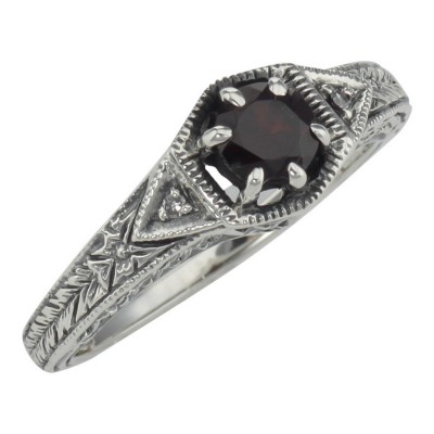 Antique Style Red Garnet Filigree Ring w/ 2 Diamonds - Sterling Silver - FR-761-G