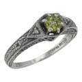 Victorian Style Peridot Filigree Ring w/ 2 Diamonds - Sterling Silver