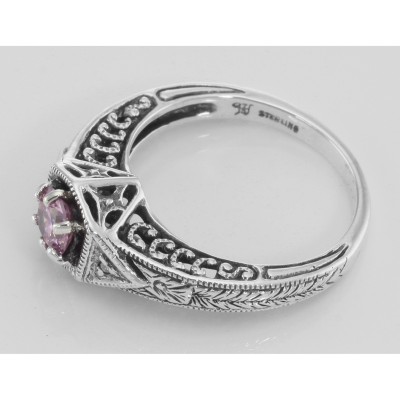 Victorian Style Pink Cubic Zirconia Filigree Ring w/ 2 Diamonds Sterling Silver - FR-761-PINK