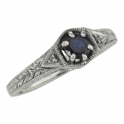 Art Deco Style Blue Sapphire Filigree Ring w/ 2 Diamonds - Sterling Silver