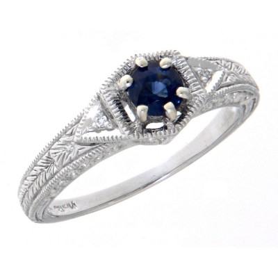 14kt White Gold Victorian Style Sapphire Filigree Ring w/ 2 Diamond Accents - FR-761-S-WG