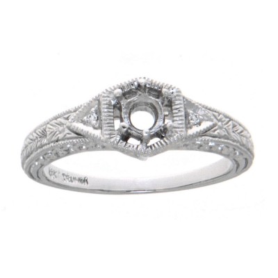 14kt White Gold Semi Mount Victorian Style Filigree Ring w/ 2 Diamonds - FR-761-SEMI-WG
