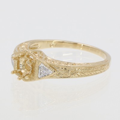14kt Yellow Gold Semi Mount Ready for a 4.5mm Round Gemstone Victorian Style Filigree Ring w/ 2 Diamonds - FR-761-SEMI-YG