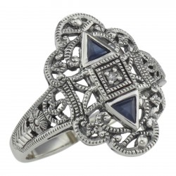 Art Deco Style Sapphire Filigree Ring w/ Diamond - Sterling Silver