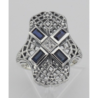 Art Deco Style Filigree Ring w/ Sapphire and 3 Diamonds - Sterling Silver - FR-766