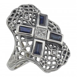 Art Deco Style Filigree Ring w/ Sapphire and 3 Diamonds - Sterling Silver