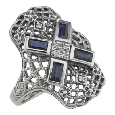 Art Deco Style Filigree Ring w/ Sapphire and 3 Diamonds - Sterling Silver - FR-766