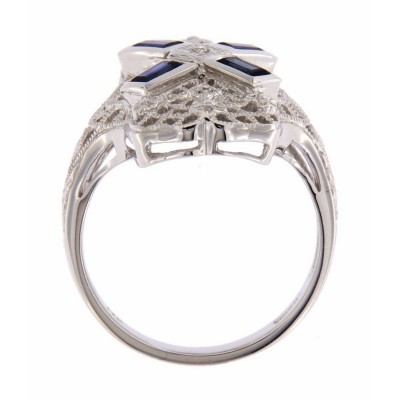 Art Deco Style Filigree Ring w/ Sapphire and 3 Diamonds - 14kt White Gold - FR-766-WG