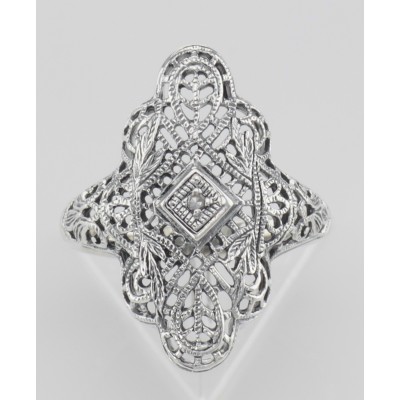 Lovely Victorian Style Filigree Ring w/ Diamond - Sterling Silver - FR-767