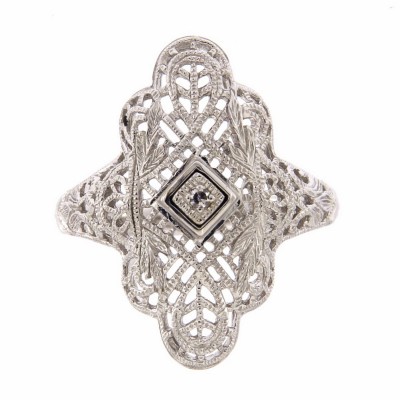 Lovely Victorian Style Filigree Ring w/ Diamond - 14kt White Gold - FR-767-WG