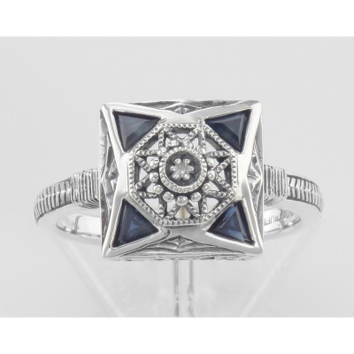 Art Deco Style Diamond and Genuine Blue Sapphire Ring - Sterling Silver - FR-770
