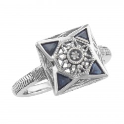 Art Deco Style Diamond and Genuine Blue Sapphire Ring - Sterling Silver