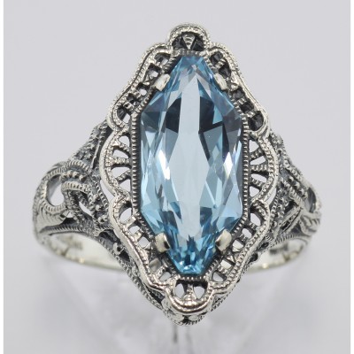Art Deco Style 4 Carat Blue Topaz Filigree Ring - Sterling Silver - FR-776-BT