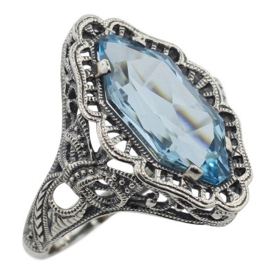 Art Deco Style 4 Carat Blue Topaz Filigree Ring - Sterling Silver - FR-776-BT