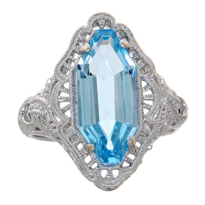 Art Deco Style Blue Topaz Filigree Ring - 14kt White Gold - FR-776-BT-WG