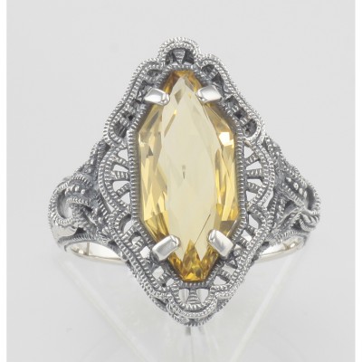 Art Deco Style 4 Carat Golden Citrine Filigree Ring - Sterling Silver - FR-776-C