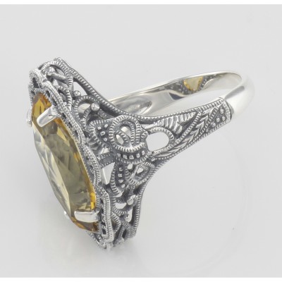 Art Deco Style 4 Carat Golden Citrine Filigree Ring - Sterling Silver - FR-776-C
