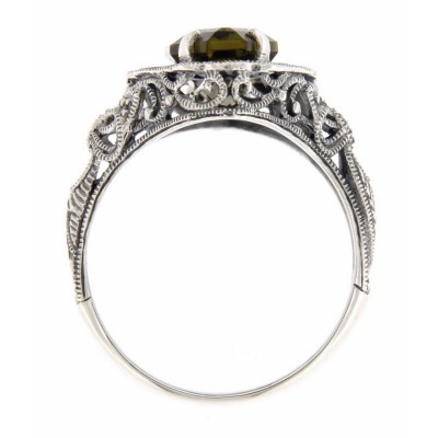 Art Deco Style 4 Carat Olive Quartz Filigree Ring - Sterling Silver - FR-776-OQ