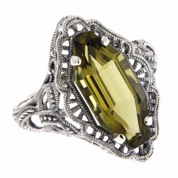 Art Deco Style 4 Carat Olive Quartz Filigree Ring - Sterling Silver