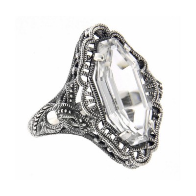 Art Deco Style 4 Carat White Topaz Filigree Ring - Sterling Silver - FR-776-WT